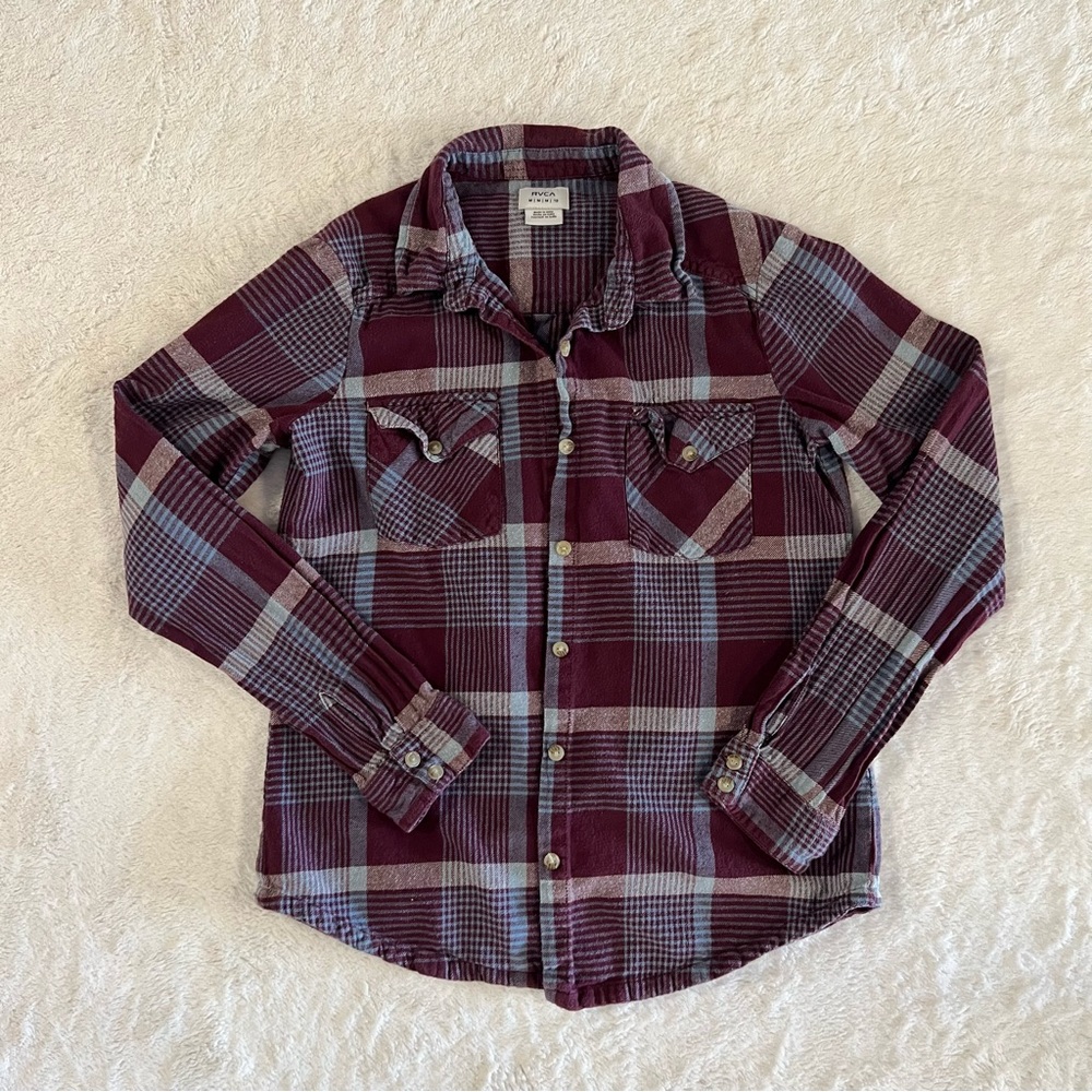 RVCA Plaid Long Sleeve Burgundy and Blue Shirt, Women’s Size M